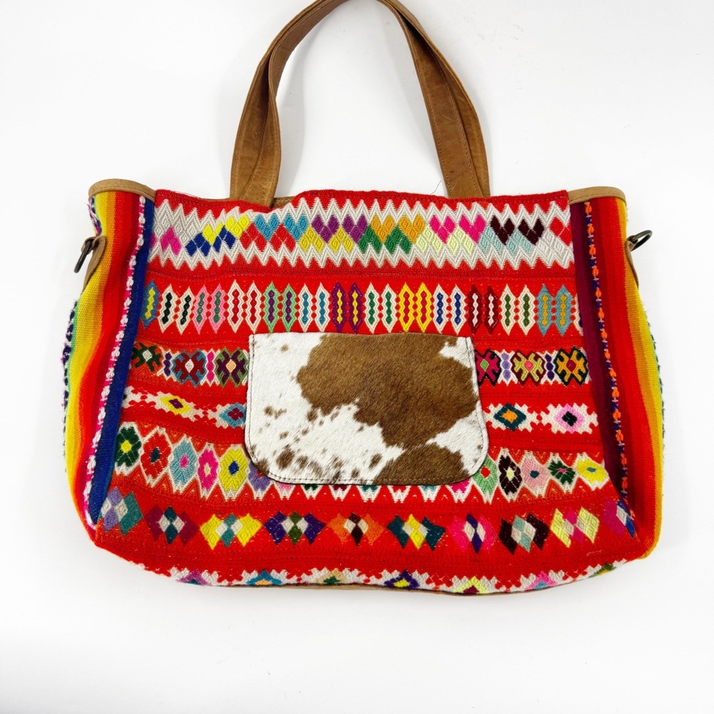 McFadin Stacy & Laurie Huipil Woven Leather Tote Bag Rainbow Cowhide Pocket